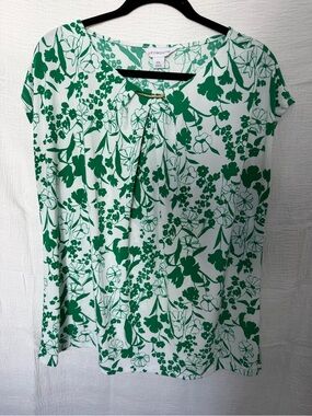 Liz Claiborne White Top with Green Floral Print and Keyhole